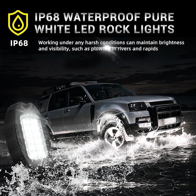 12 Pods Pure White LED Rock Lights with Power Swith Wiring Harness, Waterproof Rust Proof 6600K Super Bright Pure Lighting Aluminum Underglow Kit for Truck Trailer Pickup Offroad ATV UTV