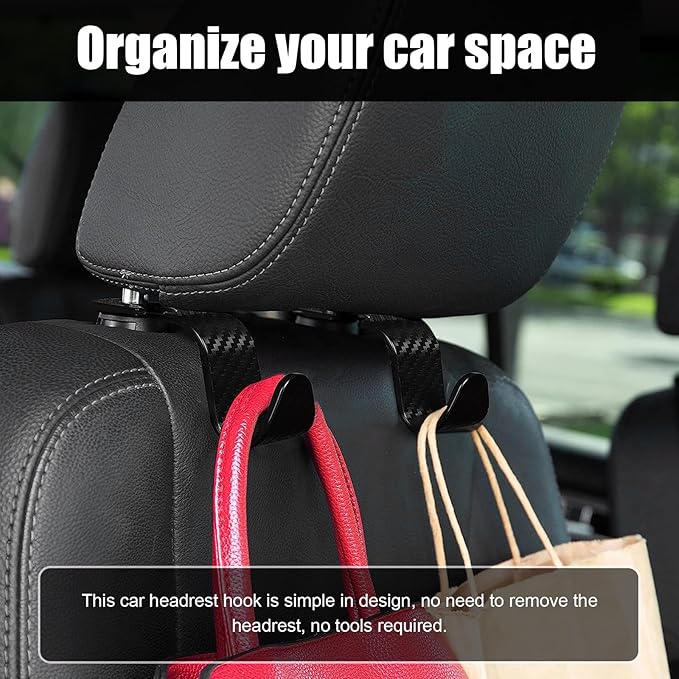 Ziciner 4 PCS Car Seat Headrest Hooks, Backseat Hangers Storage Organizer, Universal Car Accessories for Purse Grocery Bags Coats (Black Carbon Fiber)