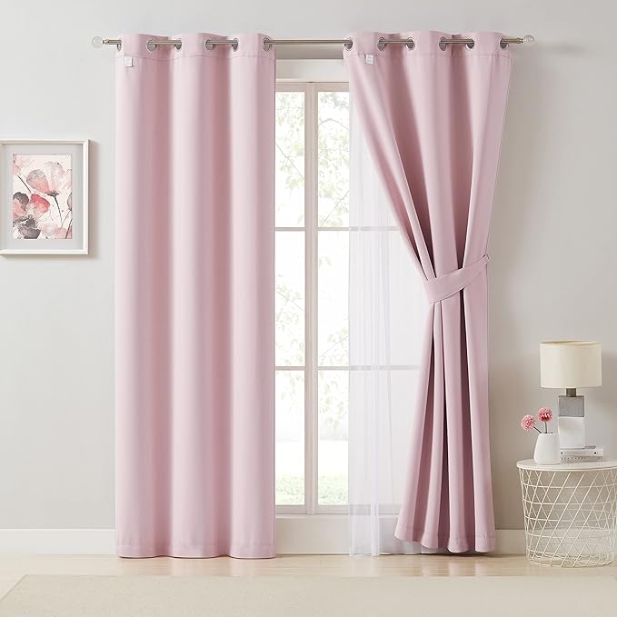 Bujasso Pink Blackout Curtains with Sheer Overlay Mix and Match Double Layer 80% Room Darkening Window Treatment Set for Girls Bedroom Living Room Pink Drapes with Tiebacks Grommet Top 37" Wx84 Lx2
