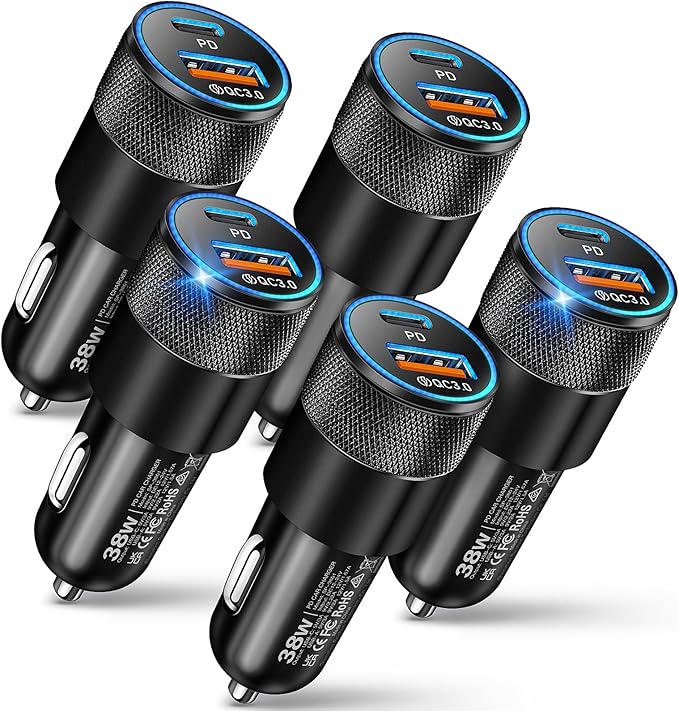 Car Charger, 5 Pack 38W Dual Ports USB-C & USB-A Car Chargers Adapter Fast Charging Cigarette Lighter USB Charger for iPhone 16 15 14 13, Samsung S24, Pixel Cargador para Carro Phone Plug for Car