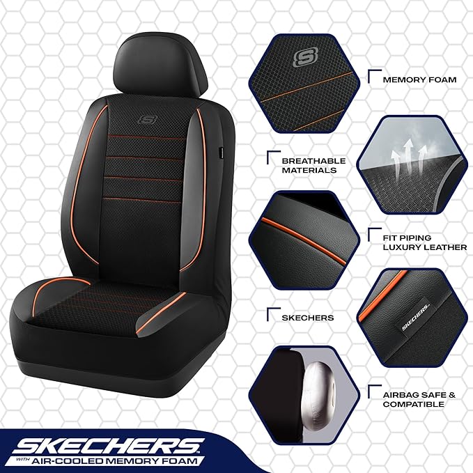 Skechers Air-Cooled Memory Foam Seat Covers,Mesh Thick Car Seat Covers,Piping Leather Car Seat Covers Front Seats,Airbag Compatible,Automotive Comfort Universal FitMost Cars,Vans,Truck,SUV,Orange