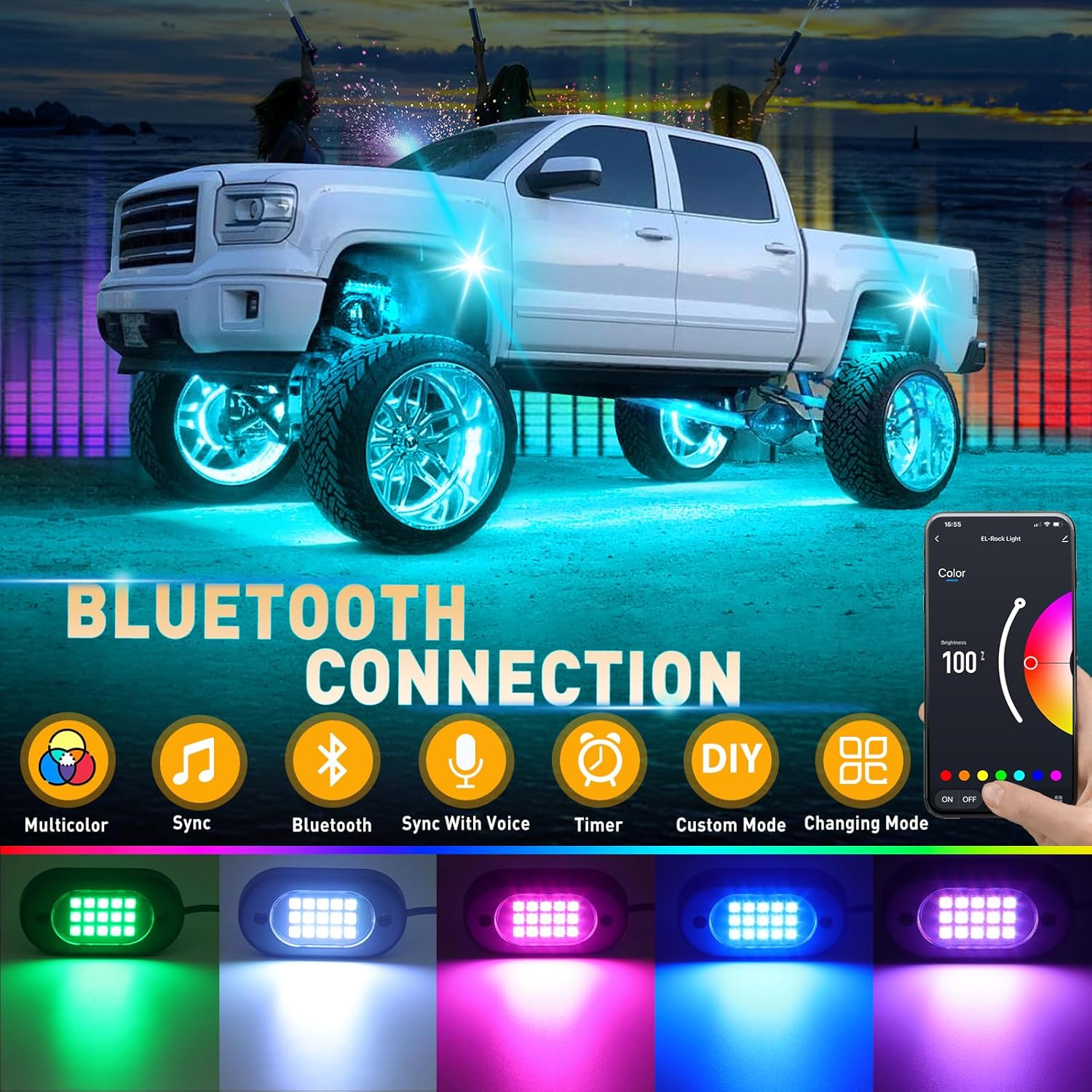 Honalia LED Rock Lights for Trucks 6 pods, RGB Truck Rock Lights with Bluetooth Control, Neon Light Kits for ATV UTV Golf Cart RZR