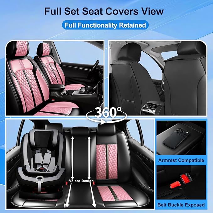 Fit CX-3 Car Seat Covers for Select Mazda CX3 2016-2024, Premium Full Coverage Leather, Airbag Compatible, Waterproof All Weather Seat Protector, Front Pair Black+Pink