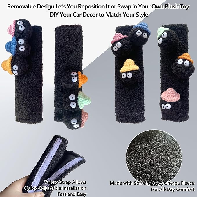 Car Headrest Pillow & Steering Wheel Cover Set with Cute Big-Eyed Black Travel Neck Support Pillow Fur Car Interior Accessory (Safty Belt Cover 2PCS)