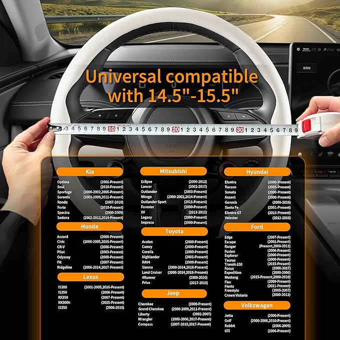 Nappa Leather Steering Wheel Cover, Universal 15 Inch Snap On Car Steering Wheel Cover for Men/Women, Comfortable & Breathable Microfiber Car Accessories Interior (White)