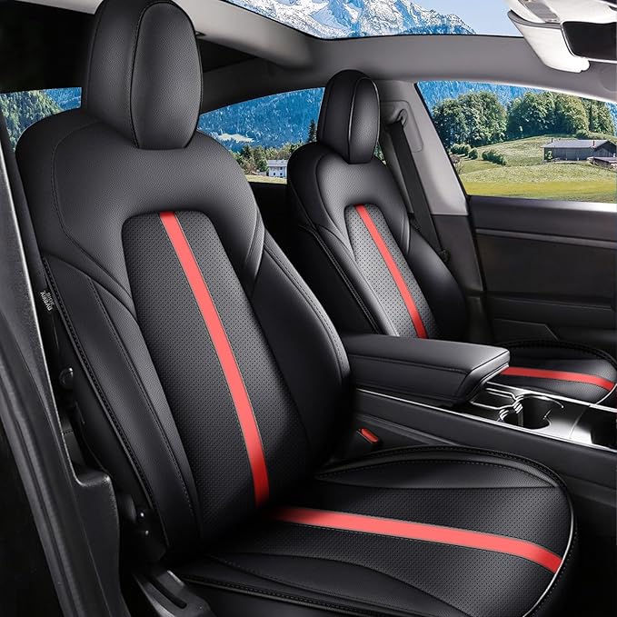 AOMSAZTO Car Seat Cover Fit for Tesla Model Y 2020 2024 - Half Surrounded Customized Seat Covers(Black with Red Stripe)