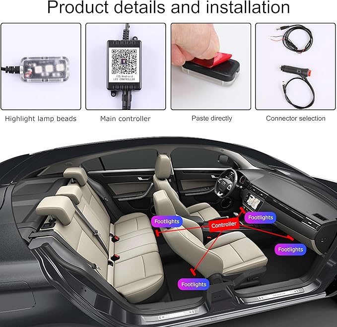 Car Ambient Lighting with Bluetooth App Control + RF Remote Control 64 Colors Multicoloured Music Interior Footwell Lighting Kit DC 12V 1W