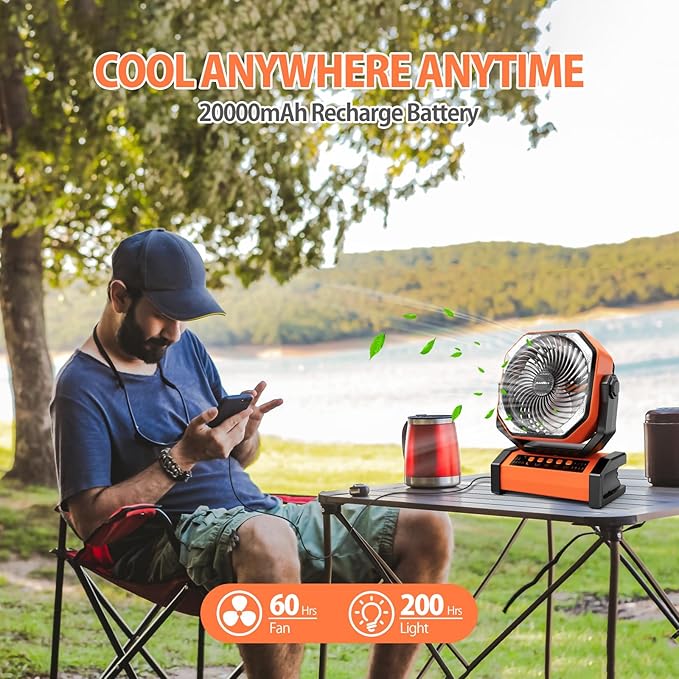 AddAcc 20000mAh Rechargeable Camping Fan - Battery Operated Fan with Light & Remote, Auto Oscillating, 4 Timer, 60 Hrs Work Cordless Tent Fan for Travel Outdoor RV Garage Power Outage Emergency