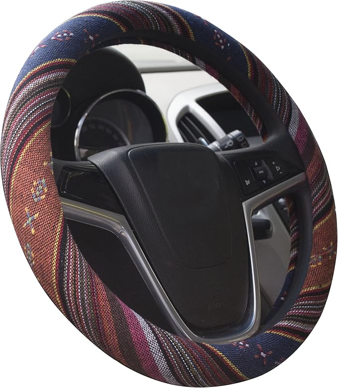 Small Ethnic Style Coarse Flax Cloth Automotive Steering Wheel Cover Anti Slip and Sweat Absorption Auto Car Wrap Cover (14''-14.25, F)
