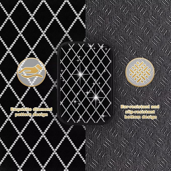 Bling Center Console Cover with 2 Side Pockets Fit for Corolla Multi-Functional Car Armrest Cushion Diamond-Studded Rhombus Pattern Style(Black&Silver Diamond)