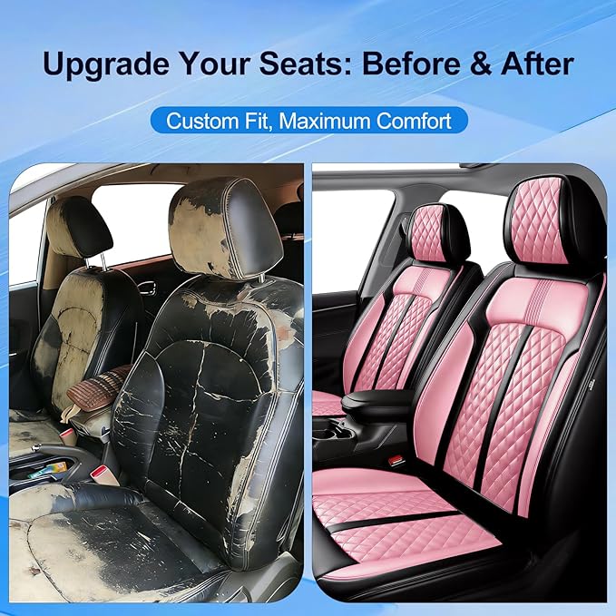 Fit HR-V Car Seat Covers for Honda HRV 2016-2025 2026 LX/EX/EXL/Sport - Full Coverage Leather, Airbag Compatible, Breathable Waterproof All Weather Seat Protector, Full Set, Black+Pink
