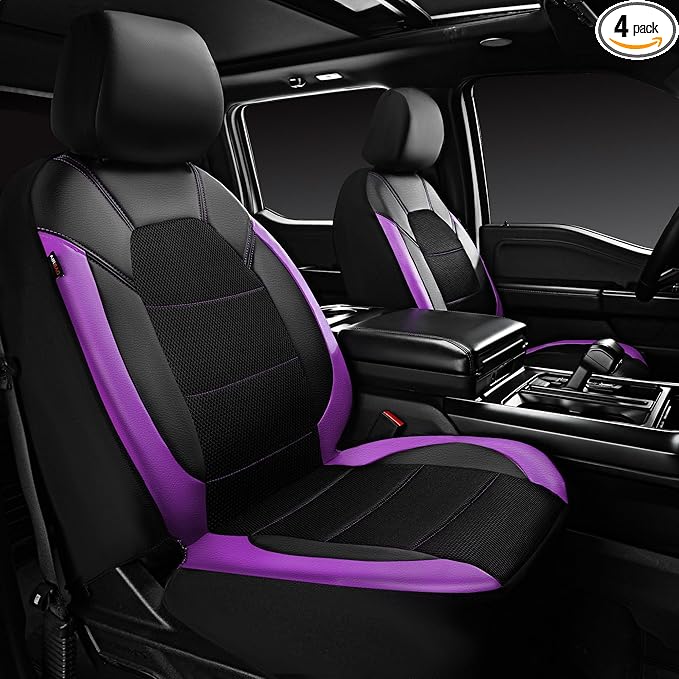 CAR PASS Leather Car Seat Covers Front Seats only, with Air Mesh Front Seat Covers Breathable, Cool Automotive Seat Covers 2 Pack, Universal Fit Most Cars,SUV,Truck,Van Airbag Compatible(Black Purple)