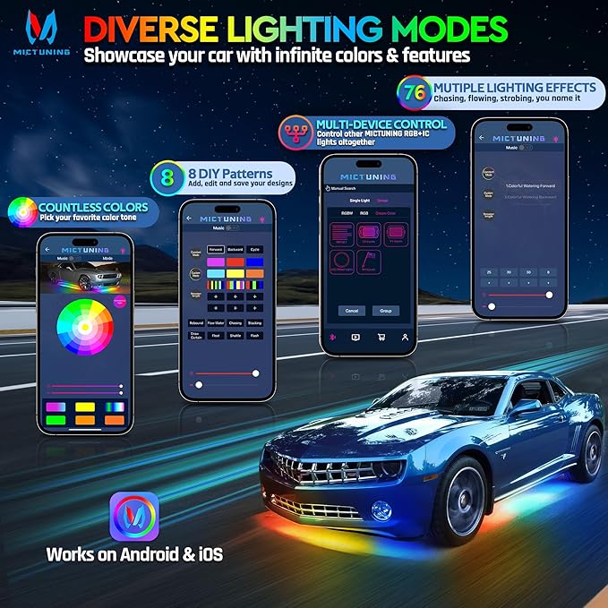 MICTUNING N8 Car Underglow Light Bar Kit, Chasing Color RGB+IC LED, Aluminum Exterior Underbody Multicolor Soundsync Neon Light Strip, Wireless App & Remote Control, IP68 Waterproof, 8PCS