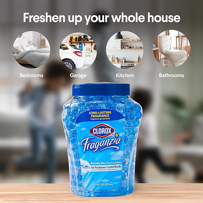 Clorox Fraganzia Crystal Beads Air Freshener Twin Pack, Long Lasting Room Deodorizer and Odor Eliminator Gel Beads for Home, Car, or Office, Morning Sky Scent, 24 Fl Oz