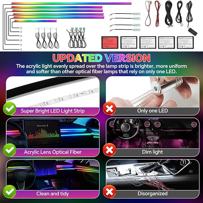 Dream Color Acrylic Interior Car Ambient Light Kit, Bphuny 18 in 1 593 LEDs Fiber Optic Multiple Modes Decoration Atmosphere Lights with Music Dynamic Rainbow Rhythm, RGB Neon Lights for All Cars