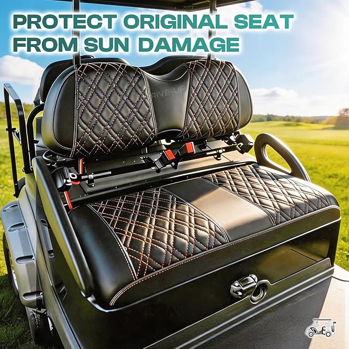 DRIVE UP Golf Cart Diamond Seat Covers Fit for Club Car Precedent, Black Diamond Cross Leather Club Car Seat Covers with Diamond Cross Pattern, Black with Brown Stitching, Wear-Resistant, Waterproof