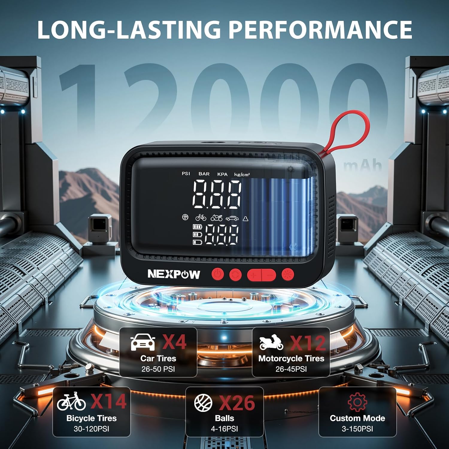 NEXPOW Tire Inflator Portable Air Compressor, 150 PSI Cordless Air Pump for Car Tires with Dual Digital Pressure Gauge and Auto Shut-Off, Portable Tire Inflator for Car, Motorcycle, Bicycle, Balls etc