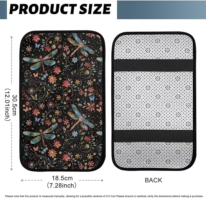 Flower Dragonfly Car Armrest Cushion Scratch Resistant Car Center Console Cushion Pad Full Coverage Armrest Cover Center Console Cushion Fit for Cars Truck SUV or Vans