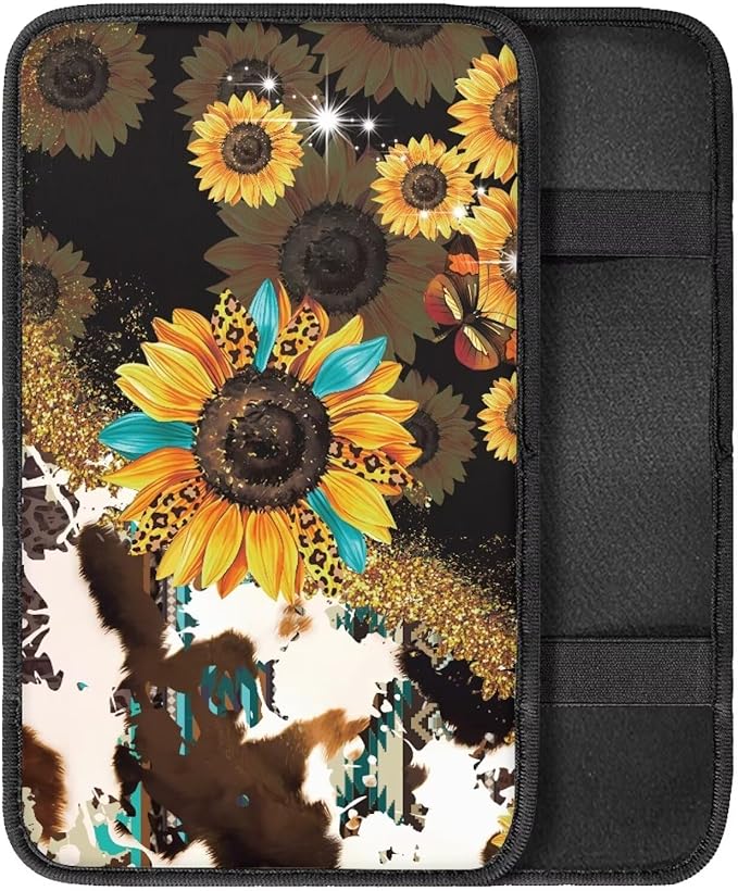 Universal Armrest Cover Pad, Sunflower Cow Print Car Center Console Cushion Pad, Protect from Pet Claws, Sticky Fingers, Auto Decor Accessories