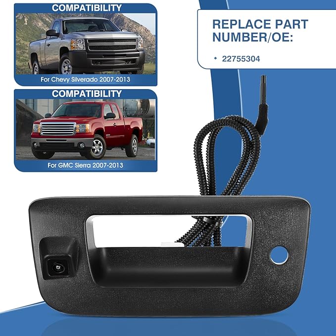 Tailgate Handle Backup Camera Fit for Chevy Silverado GMC Sierra 1500 2500 HD 2007-2013 Tailgate Reversing Rear View Park Assist Camera RCA Plug Replaces 22755304