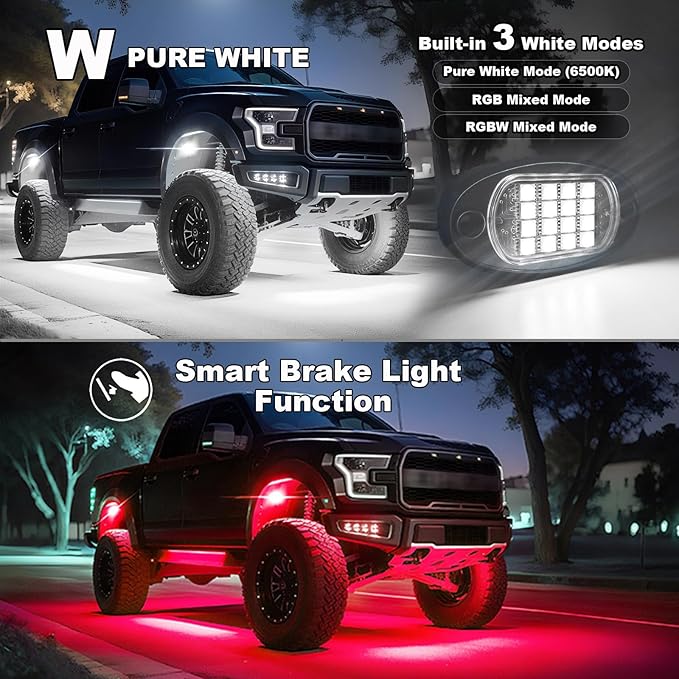6 Pods RGBW LED Rock Lights Full Kit, 6500K Pure White (Not Mixed) & RGB Underglow for UTV Golf Cart ATV RZR SXS Trucks, App/RF Remote Smart Brake Music Sync, Waterproof Neon Underbody 12V