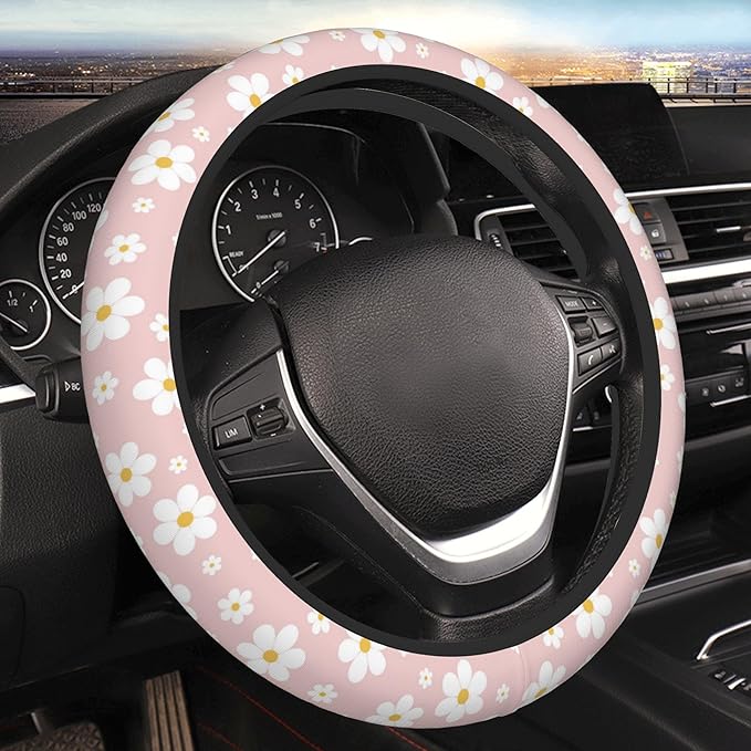 Car Steering Wheel Cover,Pink Flower Universal Non Slip Wheel Protector 15 Inch Elastic Car Accessories for Men Women