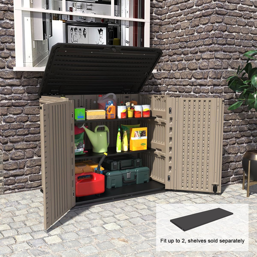 KINYING Outdoor Storage Shed - Horizontal Storage Cabinet Waterproof for Garden, Patio, Backyard, Storage Box for Easy Storage of Garbage Cans, Tools, Lawn Mower, 35 Cubic Feet,Dark Brown