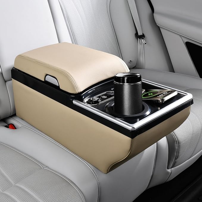 Coverado Universal Car Center Console with Wireless Charging & Cup Holder, Back Seat Organizers, Rear Bench Seat Central Armrest Box with Storage, for Most Vehicles, Easy Install, Beige