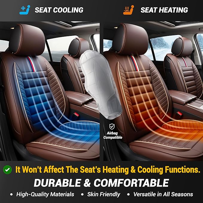 OASIS AUTO Car Seat Covers Full Set Premium Waterproof Faux Leather Cushion Universal Accessories Fit SUV Truck Sedan Automotive Vehicle Auto Interior Protector (OS-001 Brown)
