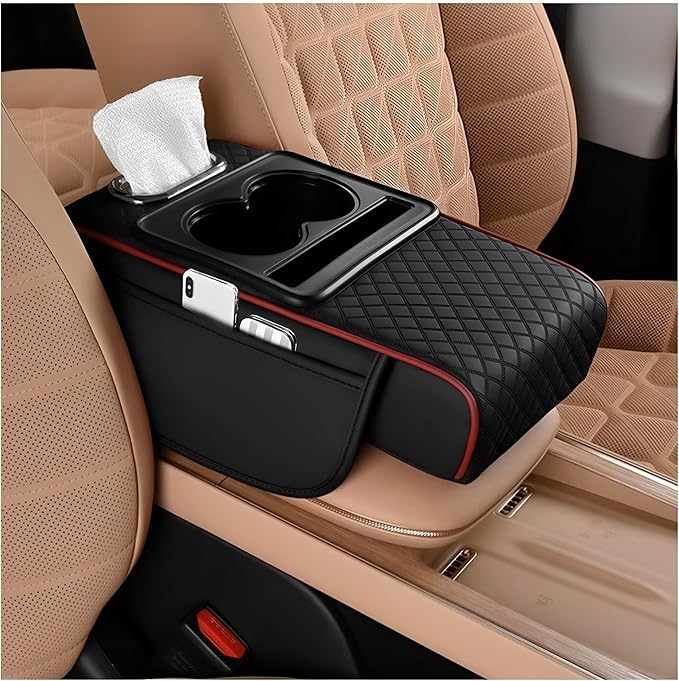 Zpana Car Center Console Armrest Pillow, Memory Foam Leather 4 in 1 Vehicle Arm Rest Cover with Tissue Box 2 Side Storage Bag Cup & Phone Holder, Auto Armrest Cushion, Universal Fit (Black/Red)
