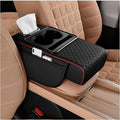Zpana Car Center Console Armrest Pillow, Memory Foam Leather 4 in 1 Vehicle Arm Rest Cover with Tissue Box 2 Side Storage Bag Cup & Phone Holder, Auto Armrest Cushion, Universal Fit (Black/Red)