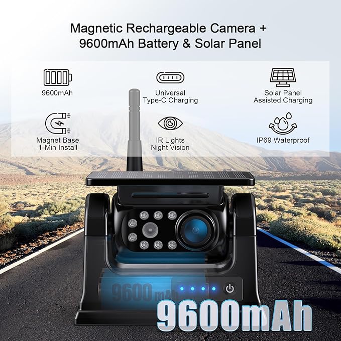 Fookoo 10.1“ Solar Magnetic Wireless Backup Camera HD 1080P DVR Touchscreen Monitor Portable 1 Min DIY Install No Drilling Rechargeable Battery Night Vision for RV Camper Trailer - DTC1004