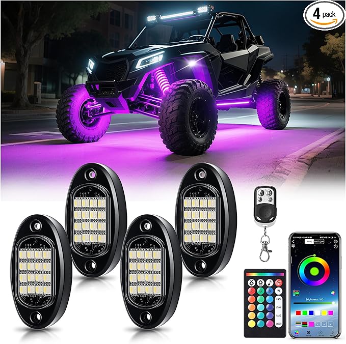 4 Pods RGBW LED Rock Lights, RGB with Pure White Rock Light for ATV UTV Golf Cart RZR SXS Truck Offroad SUV Car Underbody, 12V Waterproof Multicolor Underglow Kit with APP/RF Remote Control Sync Music