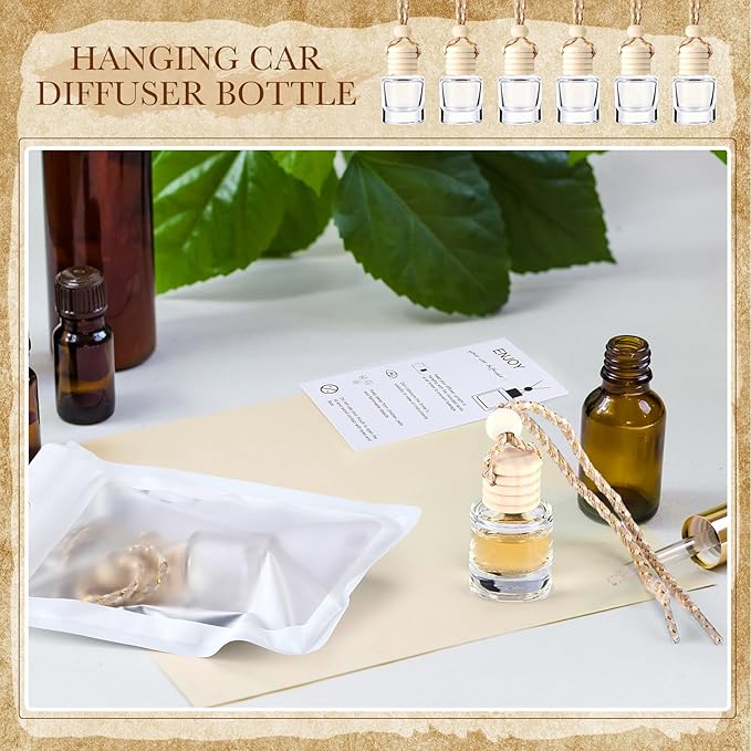 Boao 200 Sets Hanging Car Air Freshener Diffuser Bottles with Instruction Card and 4 x 6'' Resealable Holographic Bag for Empty Car Essential Oil Perfume Bottles Packaging (Cylinder)