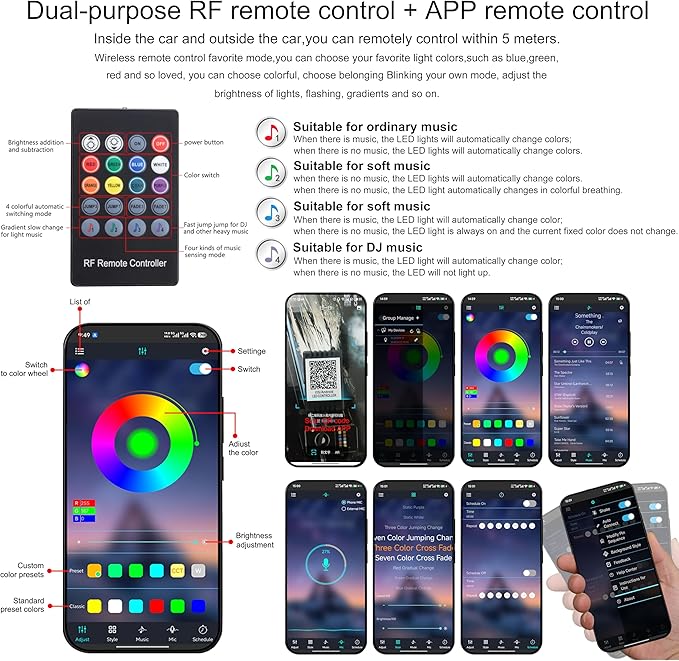 RGB Car Footwell Ambient Lighting Kit USB 16.7 Millions Colors Sound Active Music Sync APP Control + RF Remote Controller Car Interior Multicolored Footwell Atmosphere Light DC 12V