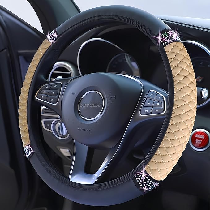 Bling Soft Leather Steering Wheel Cover 15 Inch with Sparkly Diamond Rhinestones for Women and Girls – Elastic Car Accessory for Most Cars (Beige)