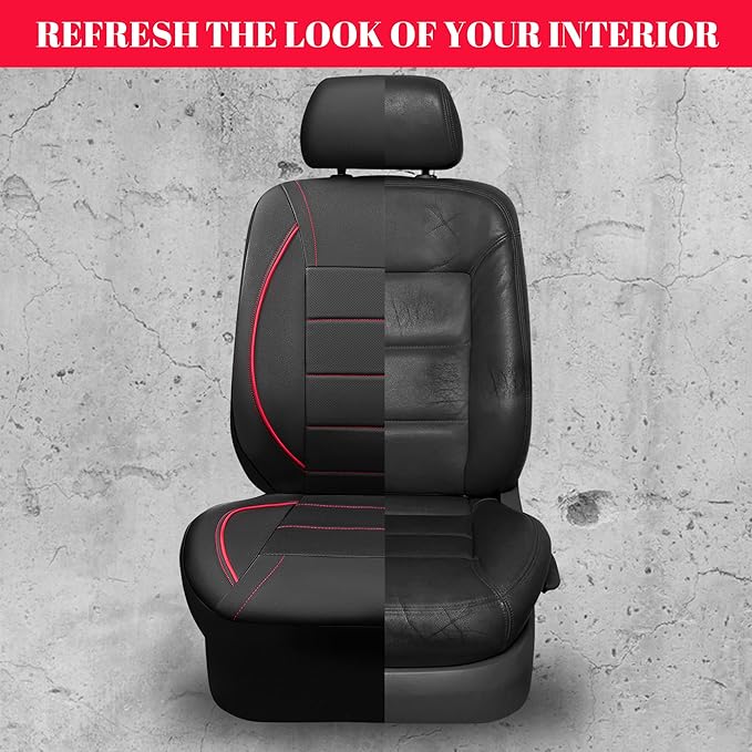 CAR PASS Universal FIT Piping Leather Two Front Seat Covers, Waterproof Faux Leather for SUV Sedan Van Truck, Airbag Compatible,Reserved Opening Holes for Headrest Covers. (Black red)