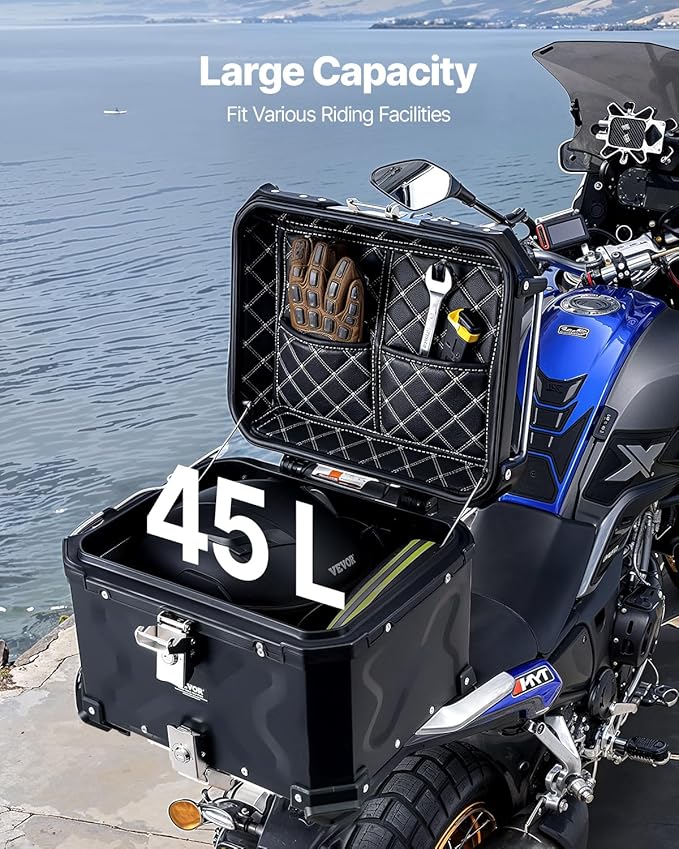 VEVOR Motorcycle Top Case 45L, Universal Aluminum Alloy Motorbike Tail Box with Leather Lining, 45L Waterproof Detachable Motorcycle Top Box with Lock & Back Cushion, Fit for 99% of Motorcycle Frames