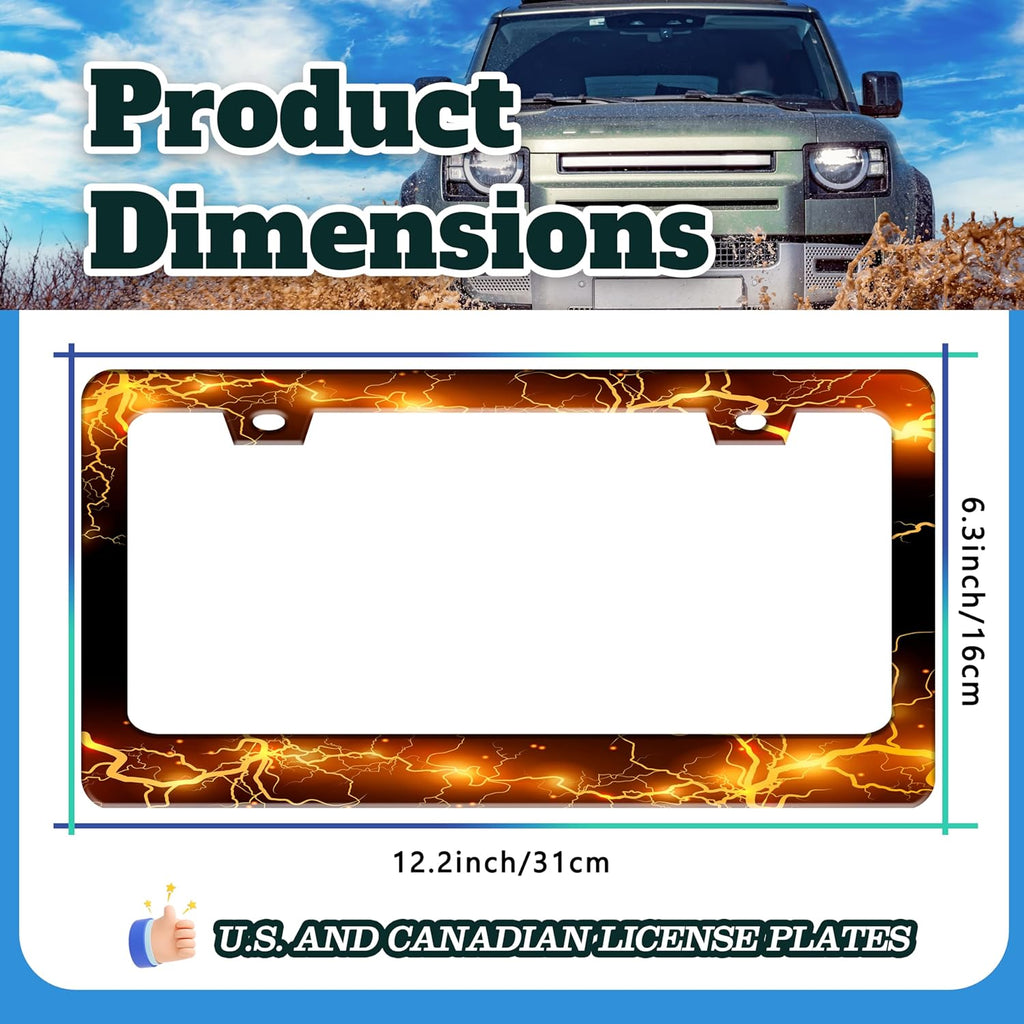 Yellow Red Thunder and Lightning License Plate Frame Fantasy Landscape License Plate Holder for Front and Rear Car Tags Stainless Steel Car Funny Decoration with Screws 6.3 X 12.2 Inch for Men Women