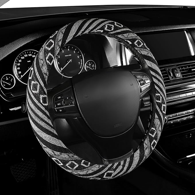GXT 15 inch New Baja Blanket Car Steering Wheel Cover Universal Fit Most Cars Automotive Ethnic Style Coarse Flax Cloth (Black White)