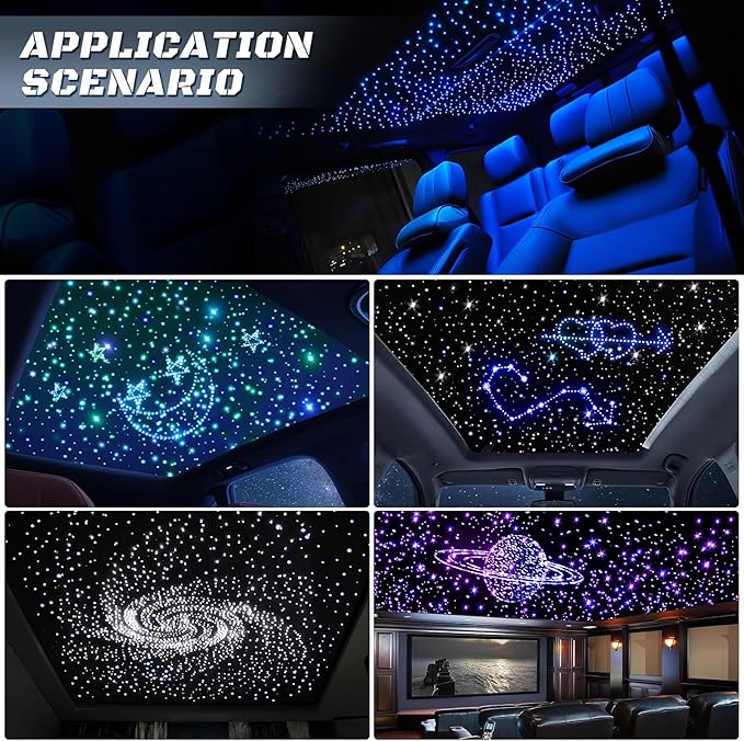 Split 4 Colors 12W Car Starlight Headliner Slim Kit 1200pcs*0.02in*9.8ft with APP&RF Remote,RGBW Fiber Optic Starlight Kit,4 Port Engine Sound Activated Star Lights for Ceiling Car Roof/Home Decor