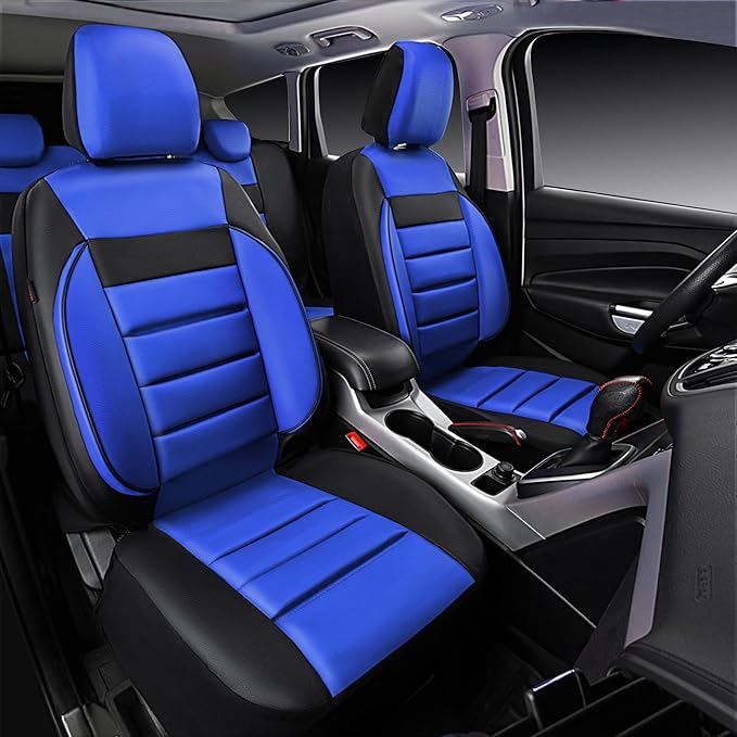 CAR PASS Leather Seat Covers Full Set Universal Water Resistant 3D Foam Back Support, Luxury Comfort Automotive 5 Seat Covers All Season Fit for SUV,Sedan,Van, Airbag Compatible Elegance(Blue Black)