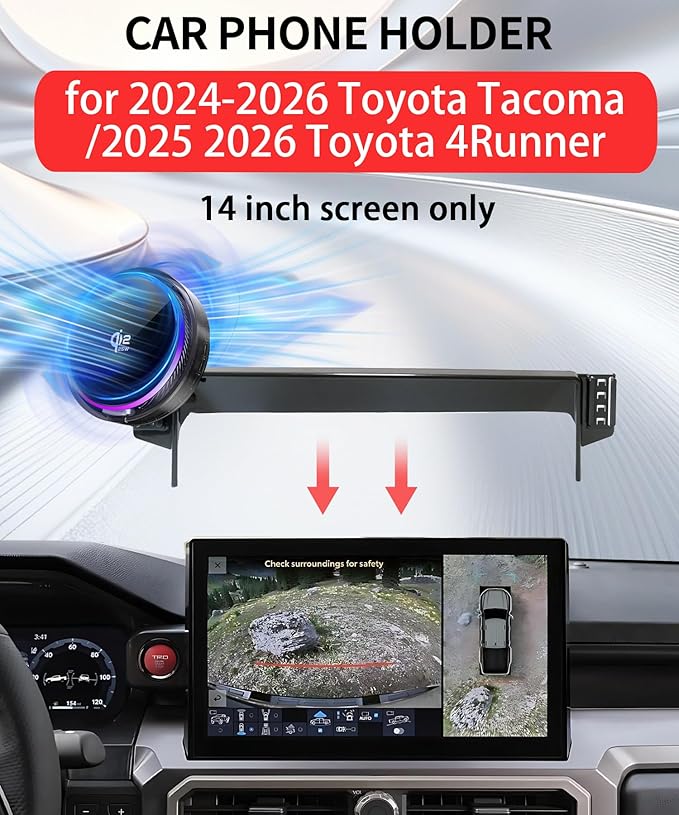 Qi2.2 25W Magnetic Car Mount Charger for 2024-2026 Toyota Tacoma/2025 2026 4Runner Accessories, for Fast Charging Cell Phone Holder 14 Inch Screen Fixed Clip with Cooling Fan＆54W Fast Adapter