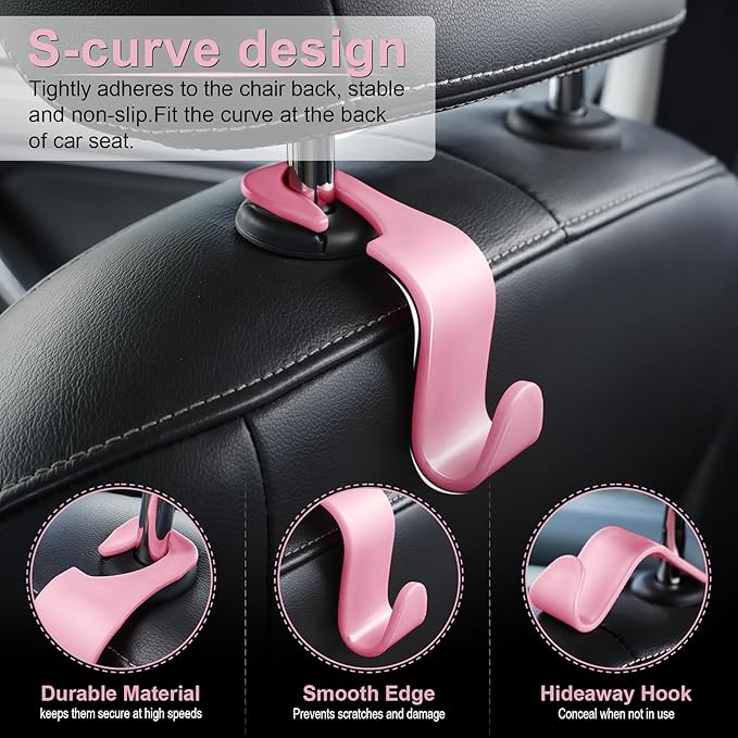 LivTee Car Seat Headrest Hook, Auto Seat Hook Hangers Storage Organizer Interior Accessories for Purse Coats Umbrellas Grocery Bags Handbag, 4-Pack - Pink