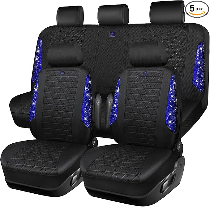 CAR PASS Oxford Bling Diamond Car Seat Covers Full Set Interior Sets, Waterproof Shining Glitter Sparkly Crystal Universal Armrest Fit 95% Automotive Truck SUV Cute Women Girl, Black Blue Rhinestone