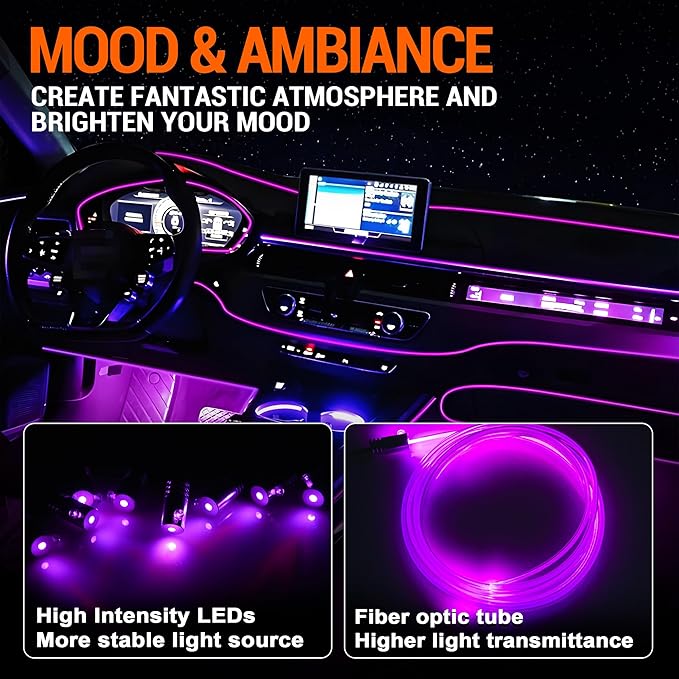 Interior Car LED Strip Lights, RGB 8-in-1 16 Million Colors Ambient Lighting Kit with 400 inches Fiber Optic Wireless APP & Remote Control Music Sync