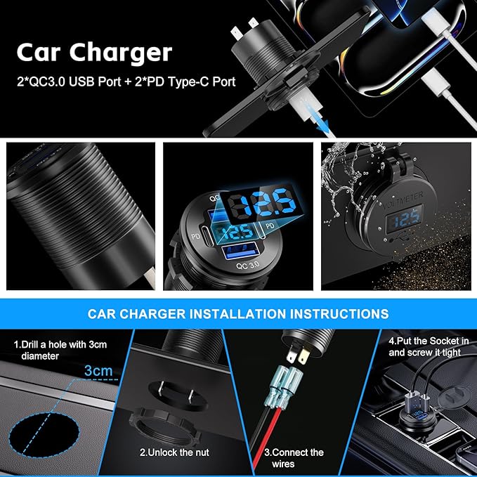 12V USB Outlet, 4 Port Aluminum Charger Socket 2 C PD & 2 QC3.0 with Voltmeter, 12V/24V Car USB Charger Socket for Car Boat Marine Bus Truck Golf RV Motorcycle and More 1-Pack