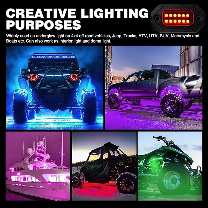RGB LED Rock Lights Kit, 8 pods Multicolor Neon Light with Bluetooth App/Remote Control Flashing Music Mode, Aluminum Metal, IP68 Waterproof, 12v for Truck ATV UTV SUV