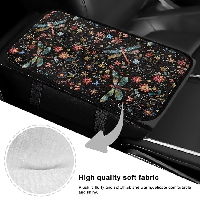 Flower Dragonfly Car Armrest Cushion Scratch Resistant Car Center Console Cushion Pad Full Coverage Armrest Cover Center Console Cushion Fit for Cars Truck SUV or Vans