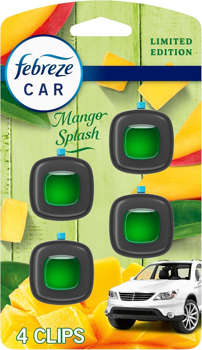 Febreze Car Air Freshener Vent Clip Multipack Mango Splash Scent, Long Lasting Smell Fighter for Strong Odors Car Febreze Clip Automotive Vent Air Freshener 4 Count